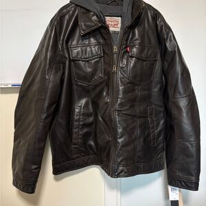 Levi's Men's XXL Brown Faux Leather Full Zip Bomber Jacket Solid Fleece Lined